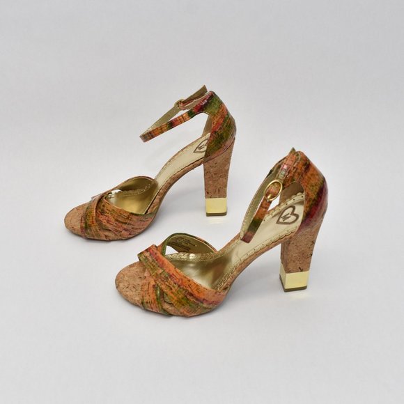 Sz 8 Cork & Gold Block Open-toe Block Heel - Picture 7 of 10